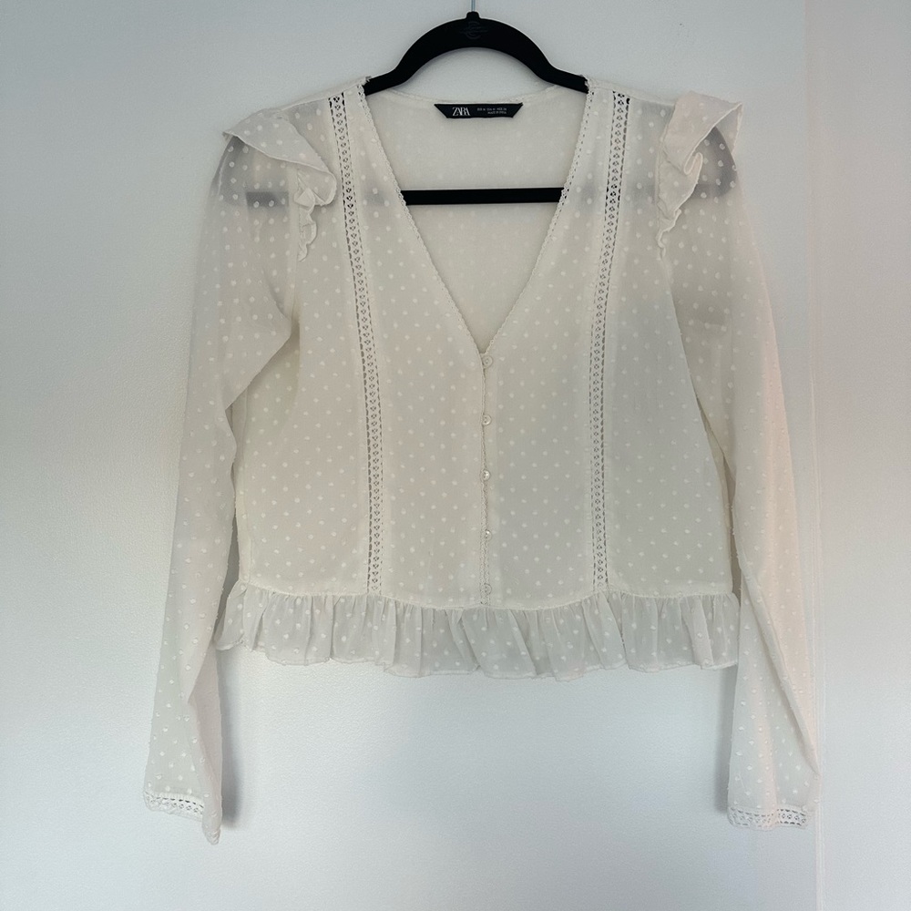 Zara White Sheer polka dot embroidered blouse